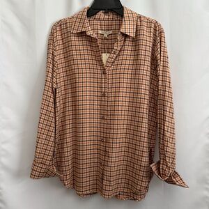 Copper Key Women’s Flannel Shirt, Small Orange, Brown, Cream Plaid